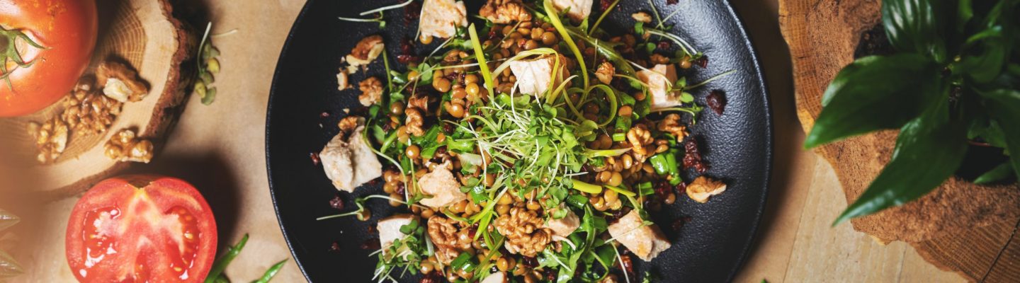 chicken and lentil salad with walnuts